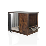 Niche pour chien PAWHOME S en marron avec barreaux métalliques, une porte ouverte et deux gamelles intégrées de hjh LIVING