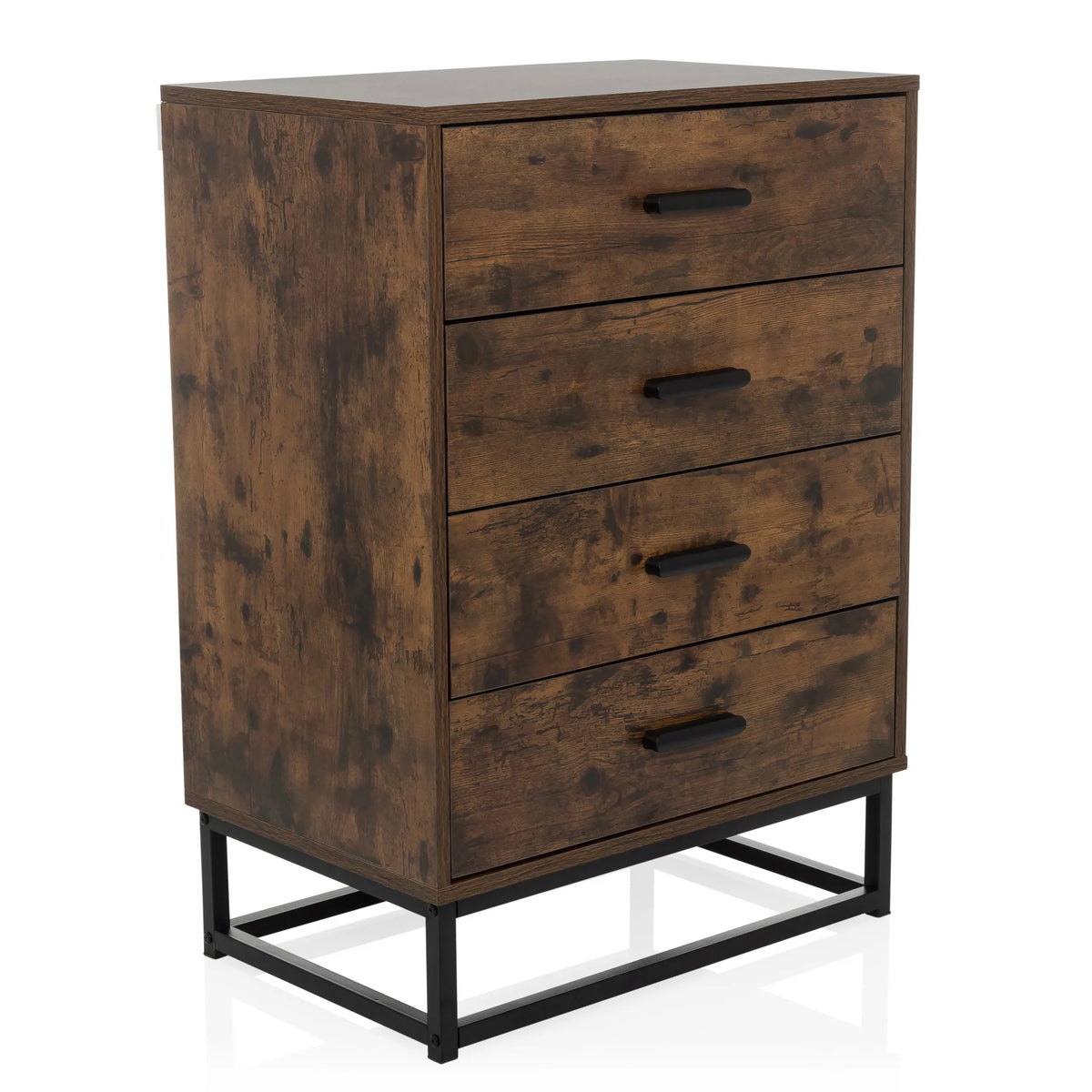 Commode marron VINSTRA avec quatre tiroirs et structure en métal noir de hjh LIVING – vue à 360° (vue de trois quarts avant 30°)