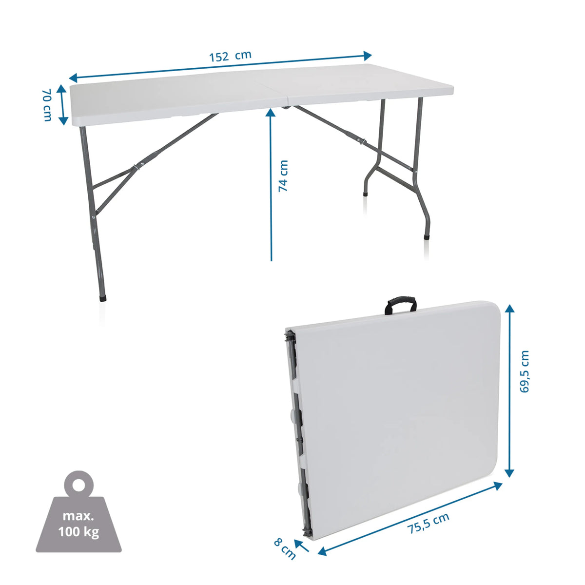 Dessin coté de la Table pliante EASY UP MULTI II de 152 × 70 cm et d'une capacité de charge de 100 kg de hjh OFFICE
