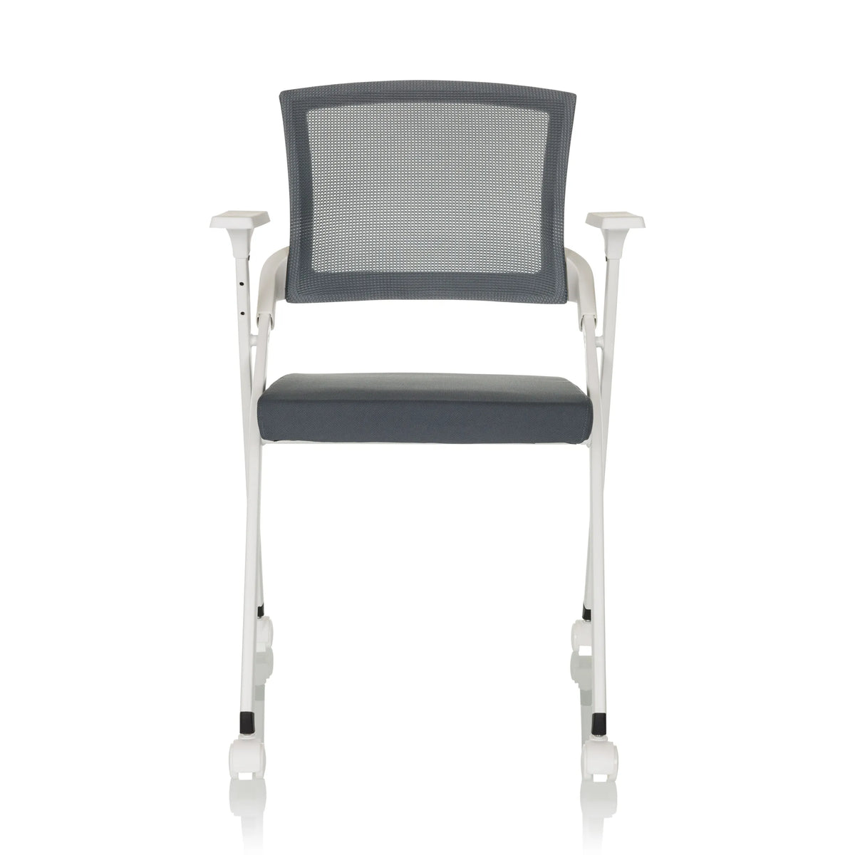 Chaise pliante PRIORITY II W grise avec dossier en maille, accoudoirs et roulettes de hjh OFFICE – vue à 360° (vue de face 0°)
