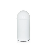 Poubelle PUSH 35L blanche avec sommet arrondi et ouverture de dépôt argentée de hjh OFFICE – vue à 360° (vue de trois quarts arrière 240°)