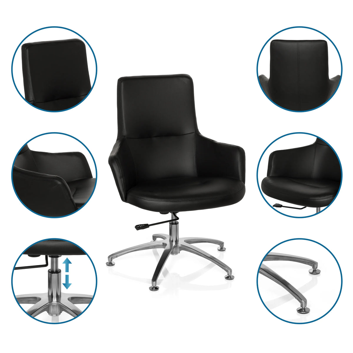 Fauteuil de salon SHAKE 300 noir avec pied étoile chromé et vues détaillées du revêtement de hjh OFFICE