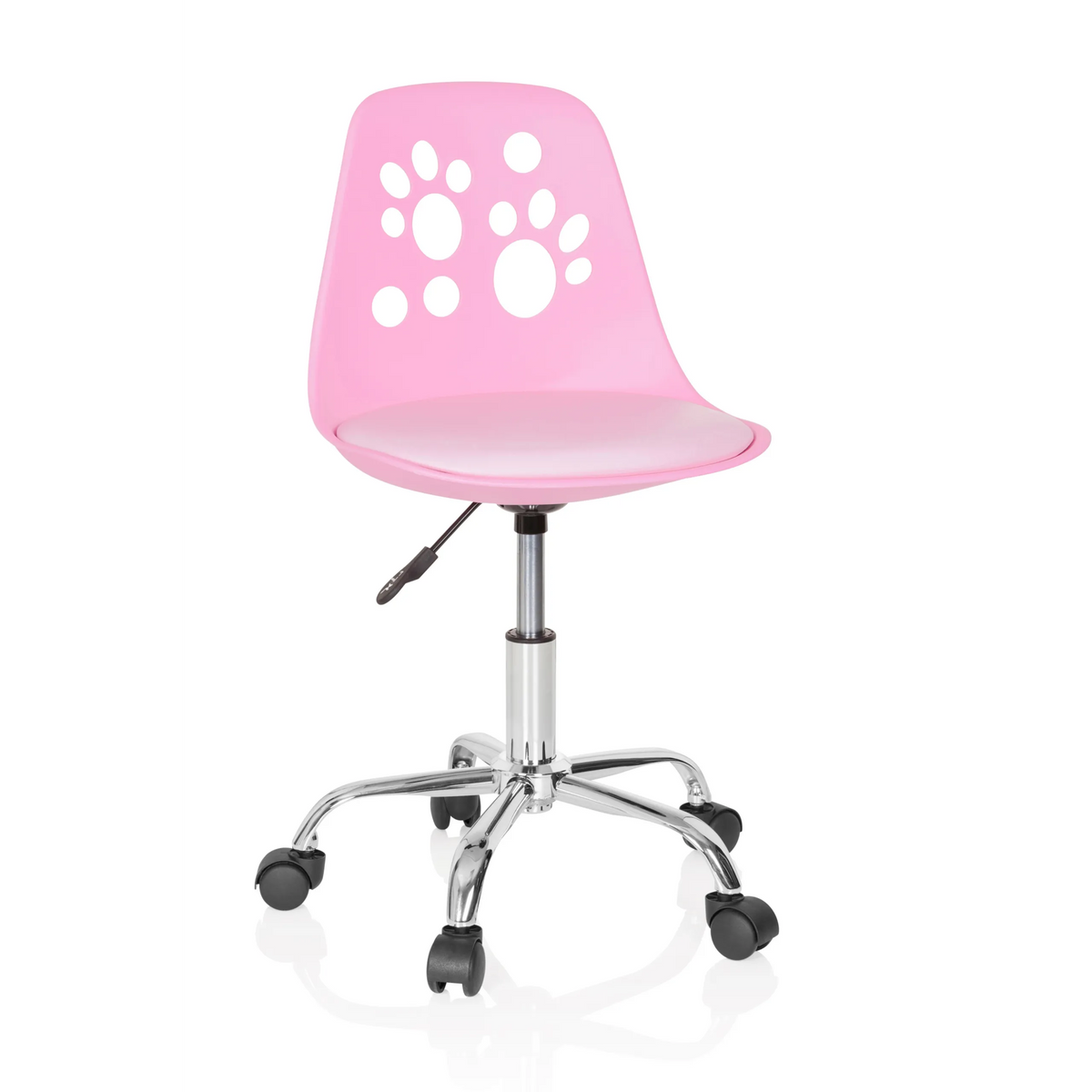 Chaise pivotante pour des enfants FANCY I rose avec motifs de pattes sur le dossier et base à cinq roulettes de hjh OFFICE – vue à 360° (vue de face 20°)