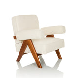 Fauteuil de salon POOLY blanc avec revêtement texturé et pieds en bois foncé de hjh LIVING – vue à 360° (vue de trois quarts avant 45°)