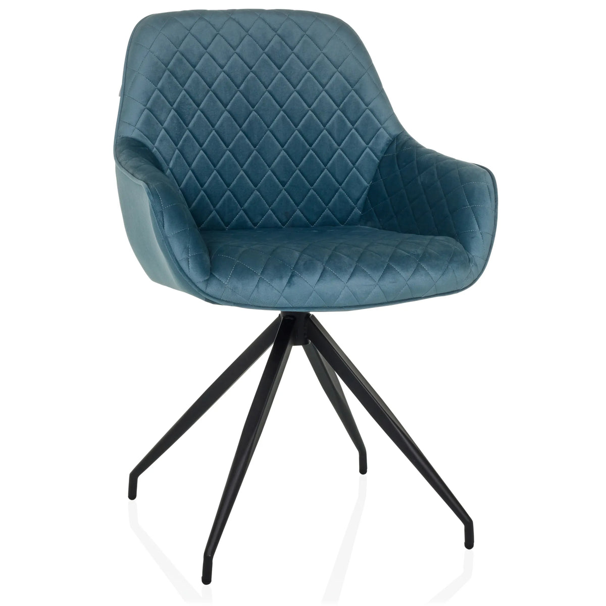 Chaise rembourrée ELVERUM bleu gris avec surpiqûres et piétement noir à quatre pieds de hjh LIVING – vue à 360° (vue de face 15°)