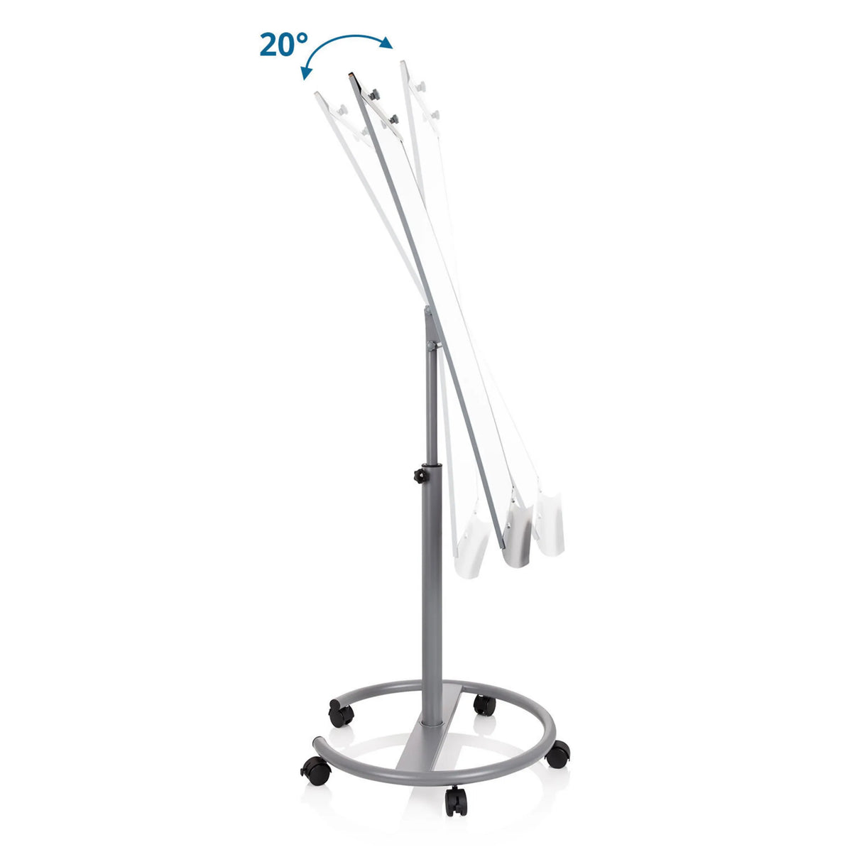 Réglage de l'inclinaison de 20° du tableau blanc MULTIBOARD sur un support gris à roulettes de hjh OFFICE
