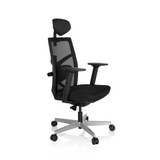 Siège de bureau de qualité professionnelle BELLAC noir, dossier maille, appui-tête et base 5 roulettes de hjh OFFICE – vue à 360° (vue de trois quarts avant 60°)