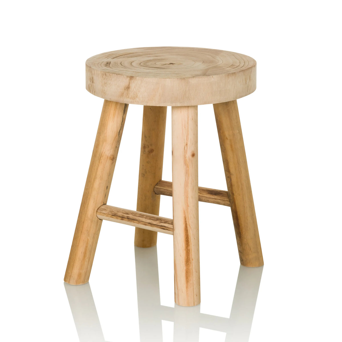 Tabouret RUSTIKO W marron en bois avec assise ronde et traverses de hjh LIVING – vue à 360° (vue de trois quarts avant 30°)