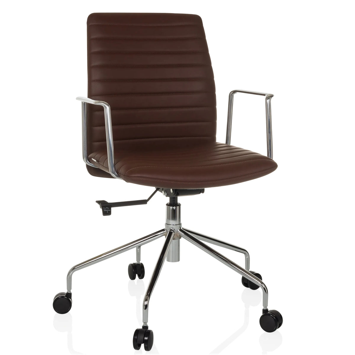 Siège de direction de luxe VEMONA 30 marron avec surpiqûres croisées, accoudoirs et piètement à cinq roulettes de hjh OFFICE – vue à 360° (vue de face 15°)