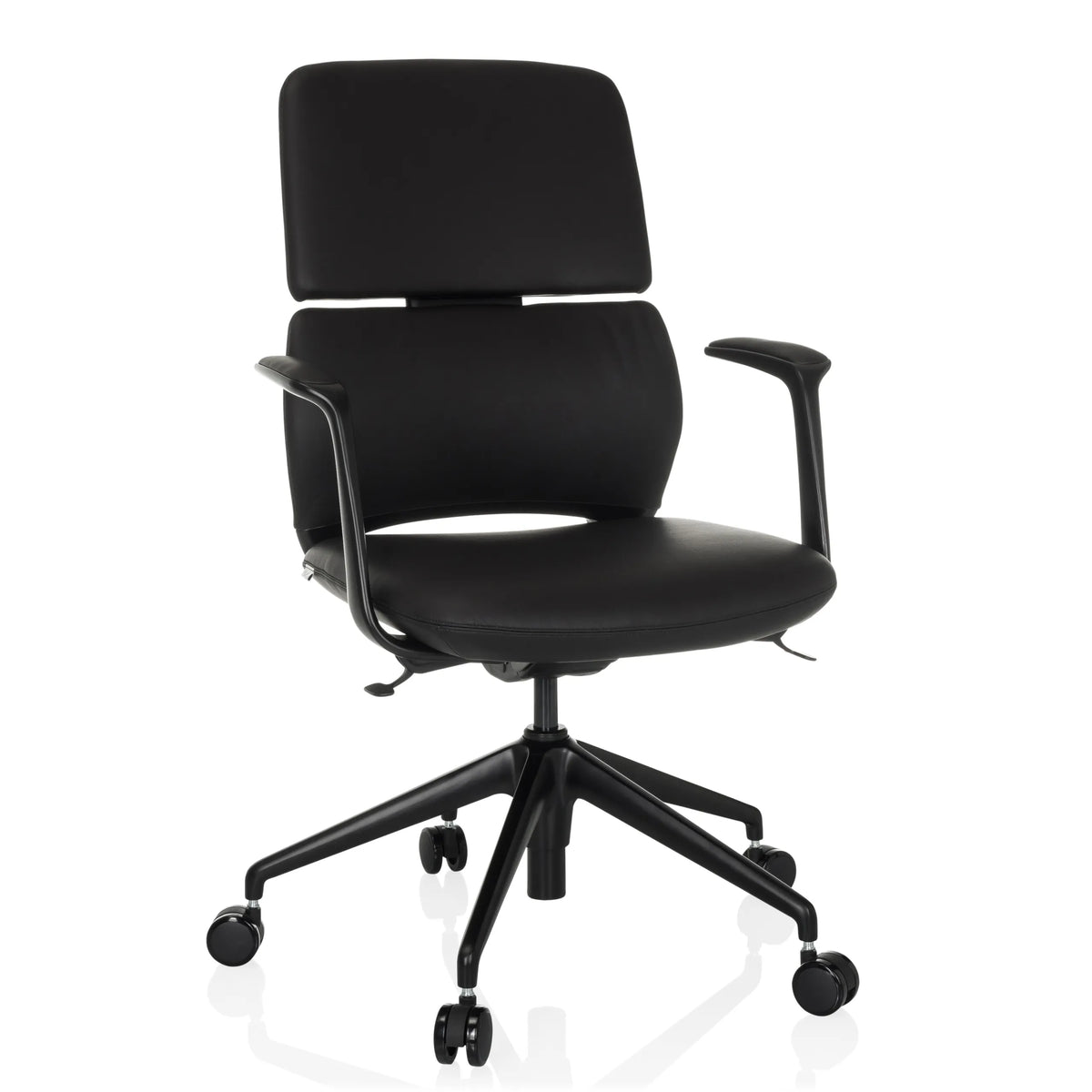 Siège de bureau de qualité professionnelle ATMOS DESIGNER noir avec accoudoirs et base à cinq roulettes de hjh OFFICE – vue à 360° (vue de face 15°)