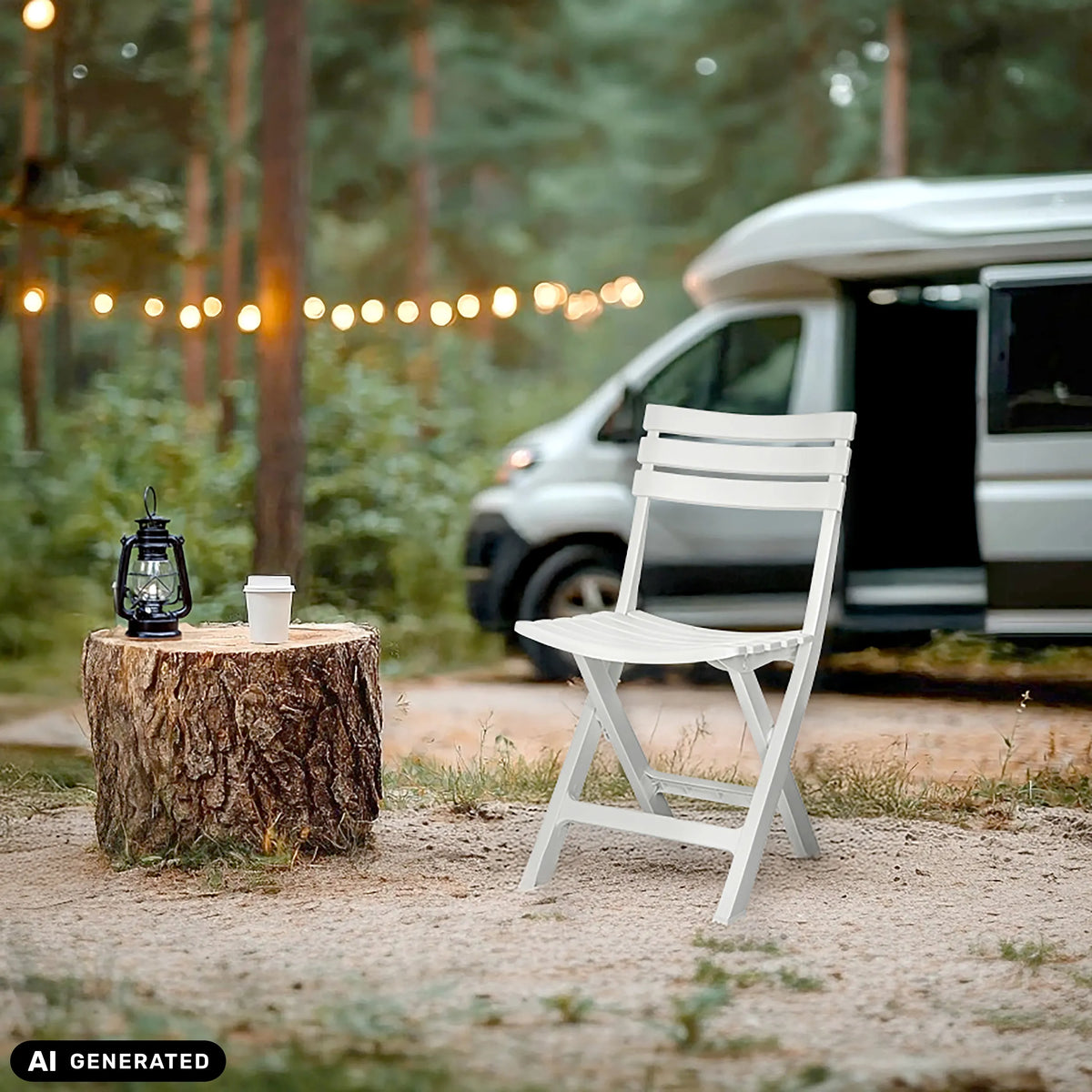 Chaise d'extérieur TRAVANO blanche dans un environnement forestier à côté d'un camping-car de hjh LIVING (image générée par IA)