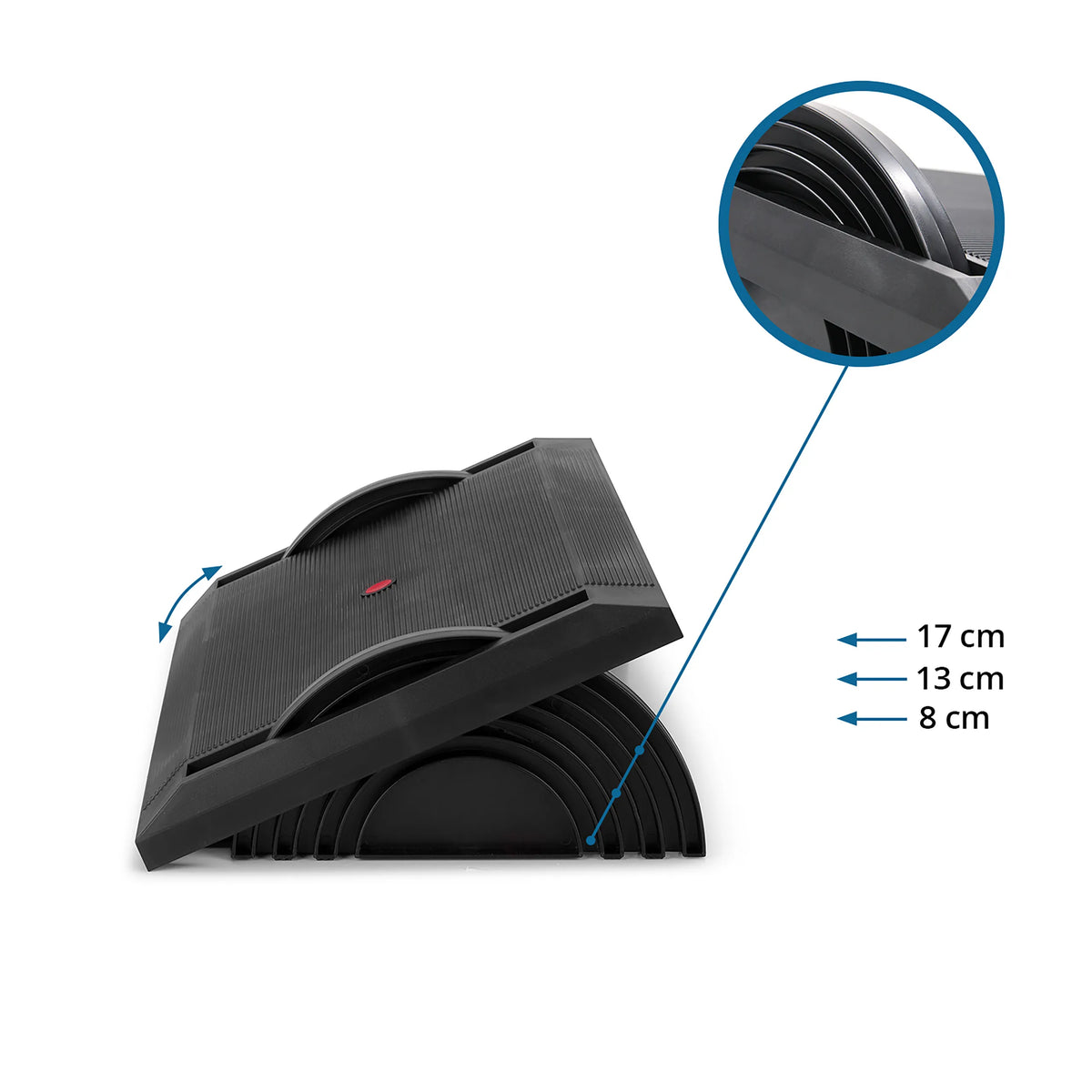 Réglage de la hauteur du repose-pieds PODI I avec des mesures de 8 cm, 13 cm et 17 cm de hjh OFFICE