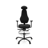Chaise de comptoir RESISTIO WORK noire avec appui-tête, repose-pieds et base à cinq roulettes de hjh OFFICE – vue à 360° (vue de face 0°)