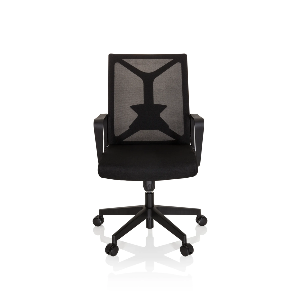 Siège de bureau à domicile ENCO noir avec dossier en maille et base à cinq roulettes de hjh OFFICE – vue à 360° (vue de face 0°)