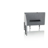 Cloison de table FLEXMIUT T TOP grise avec tablette intégrée et pinces de fixation de hjh OFFICE – vue à 360° (vue de trois quarts avant 45°)