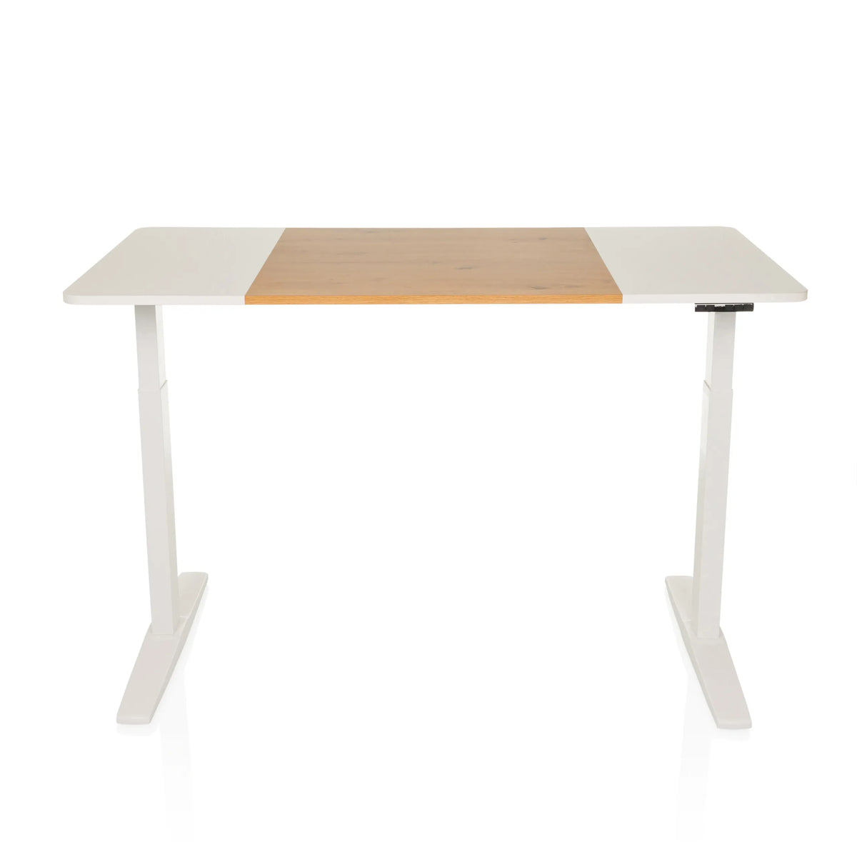 Bureau réglable en hauteur électriquement STAND T3 en blanc avec plateau effet chêne de hjh OFFICE – vue à 360° (vue de face 0°)