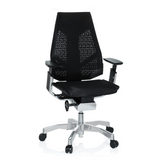 Siège de bureau haut de gamme GENIDIA noir avec dossier en maille et piètement à cinq roulettes de hjh OFFICE – vue à 360° (vue de face 20°)