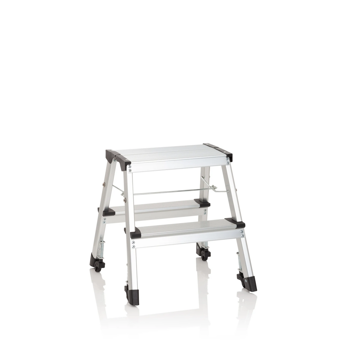 Échelle pliante SOLID VI en aluminium argenté à deux marches de hjh OFFICE – vue à 360° (vue de face 20°)
