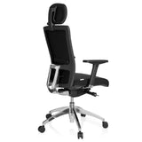 Siège de bureau de qualité professionnelle ASTRA LUX noir avec appuie-tête, accoudoirs et base à cinq roulettes de hjh OFFICE – vue à 360° (vue de trois quarts arrière 120°)