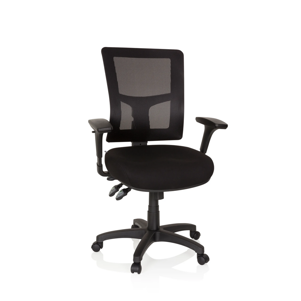 Siège de direction de qualité professionnelle IMPACT PRO noir avec dossier en maille et base à cinq roulettes de hjh OFFICE – vue à 360° (vue de face 20°)