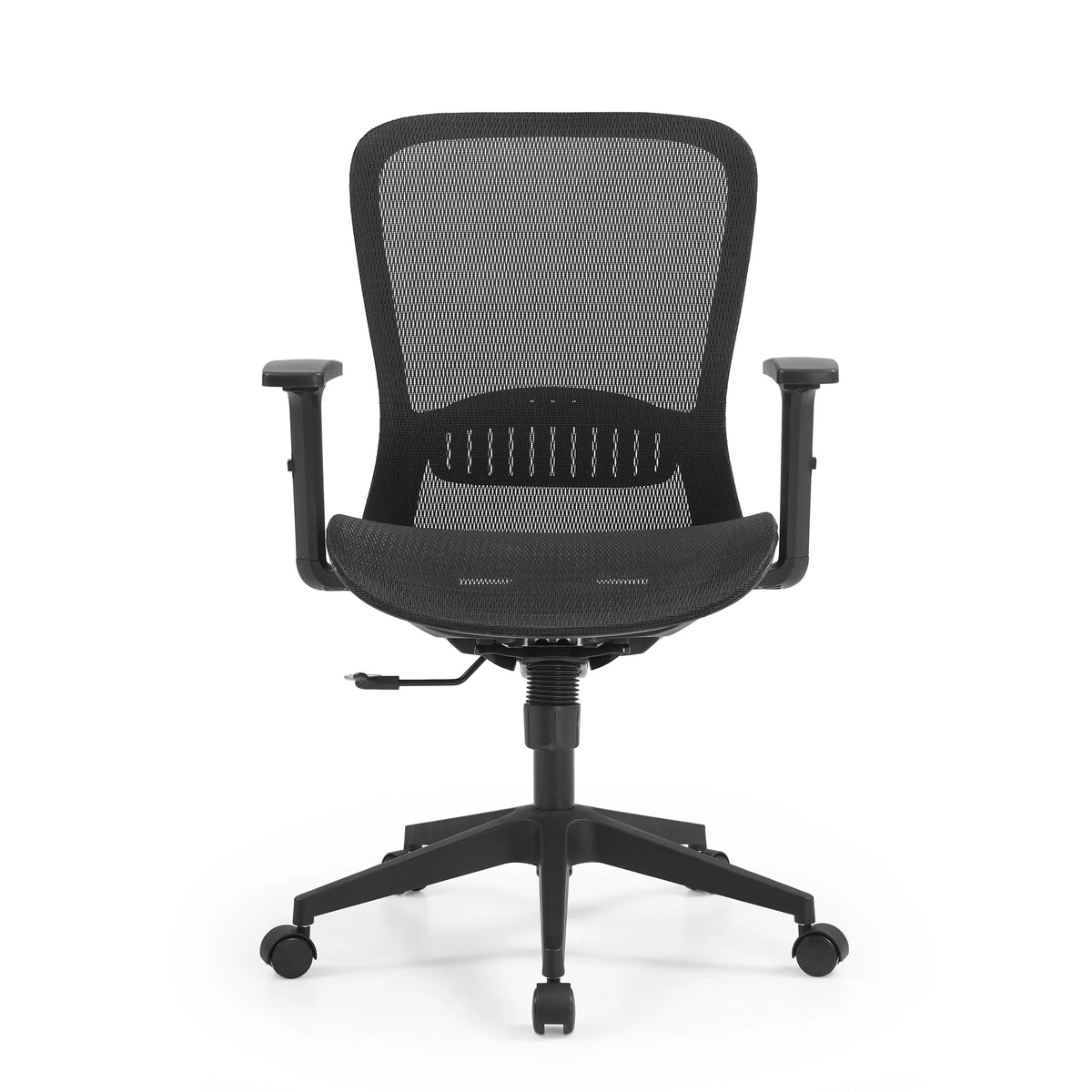 Siège de bureau de qualité professionnelle Air Port 2 noir, assise et dossier en maille, base à 5 roulettes de MyBuero – vue à 360° (vue de face 0°)