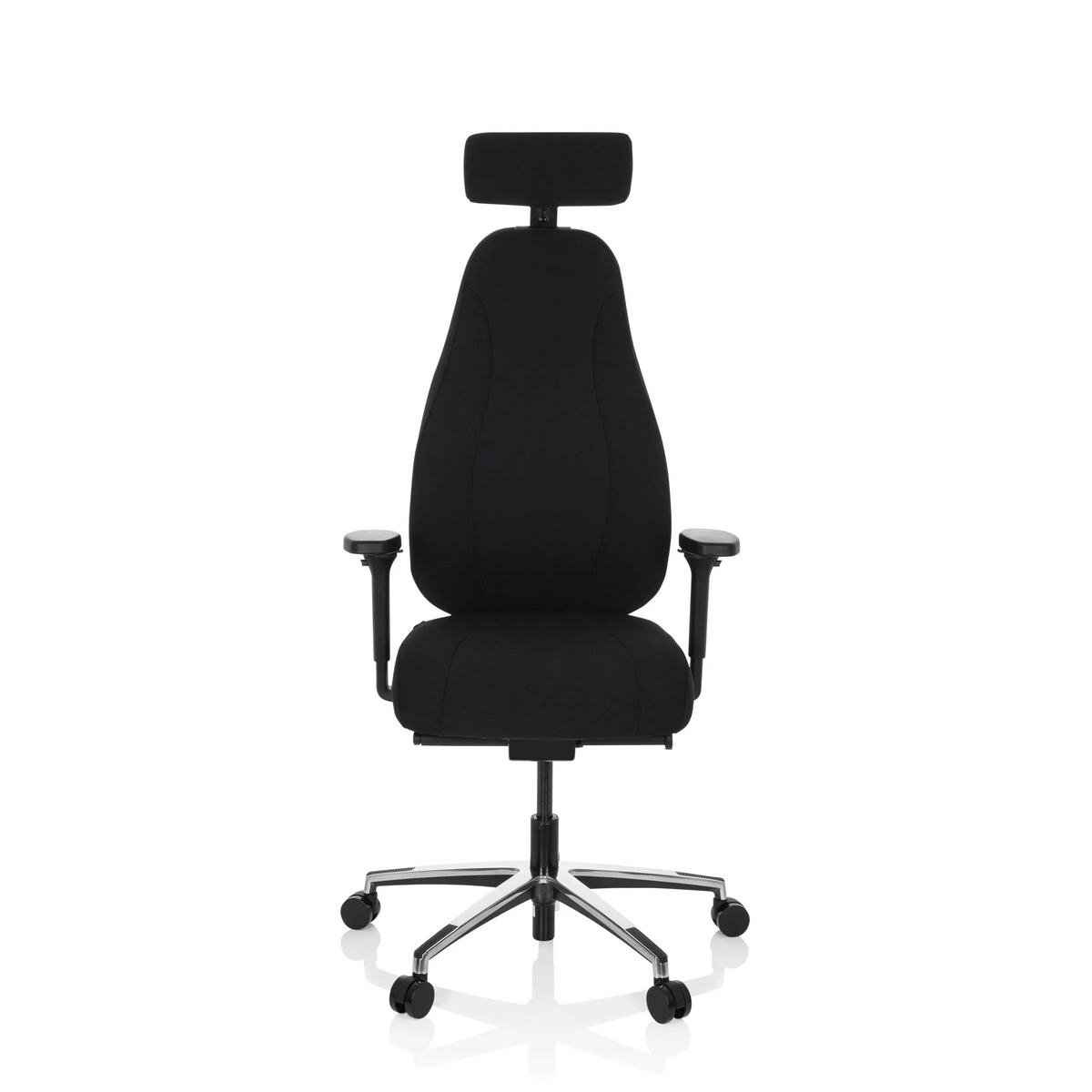 Siège de bureau haut de gamme RESISTIO noir avec appui-tête et piètement à cinq roulettes de hjh OFFICE – vue à 360° (vue de face 0°)