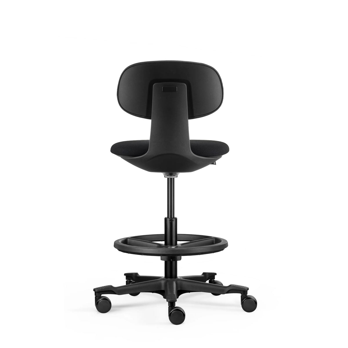Vue arrière de la chaise de travail WORK MF2 noire avec repose-pieds et roulettes de hjh OFFICE