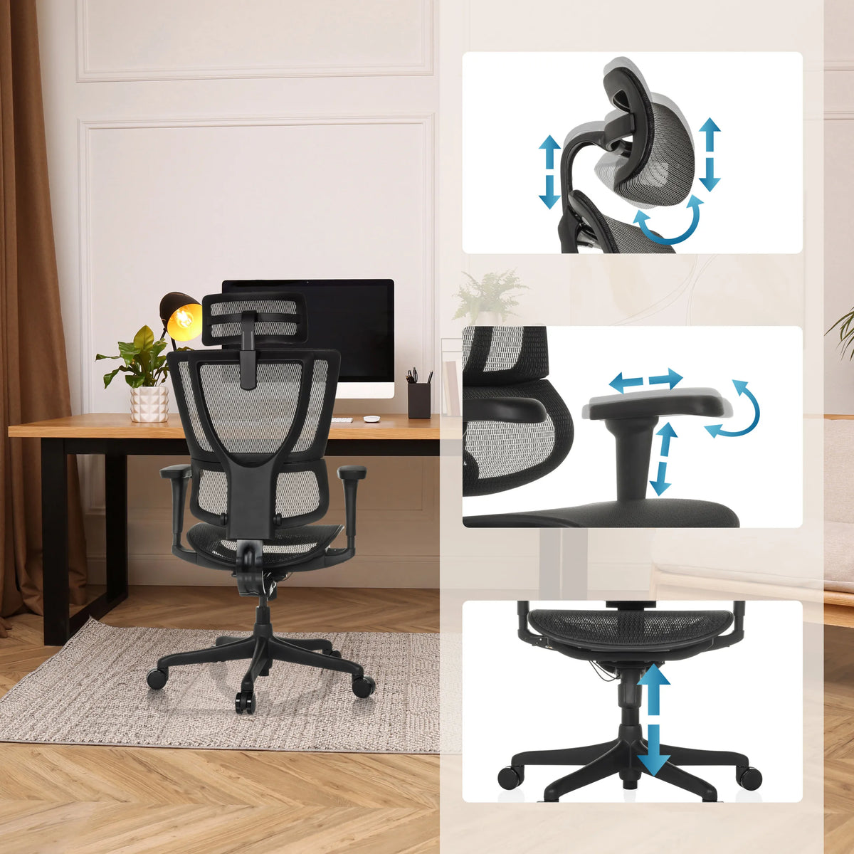 Verstellbare Kopfstütze, Armlehnen und Sitzhöhe des Luxus-Chefsessels ERGOHUMAN SLIM ECO M GEN2 von hjh OFFICE