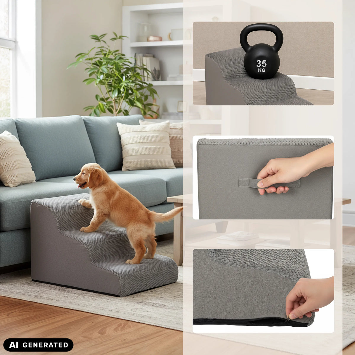 Escabeau pour animaux de compagnie PAWY STEP 3 gris avec poignée de transport, fermeture éclair et test de charge de hjh LIVING (image générée par IA)