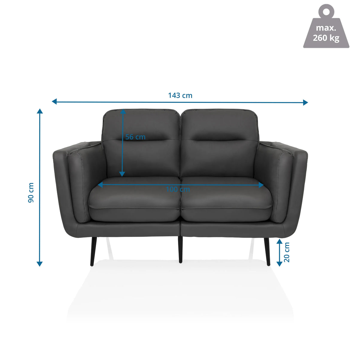 Dessin technique du Canapé lounge VINTALUX avec une largeur de 143 cm et une hauteur de 90 cm de hjh LIVING