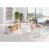 Elektrisch höhenverstellbarer Schreibtisch XBHM 16 WW in Asteiche mit Sideboard und Rundtisch von hjh OFFICE PRO