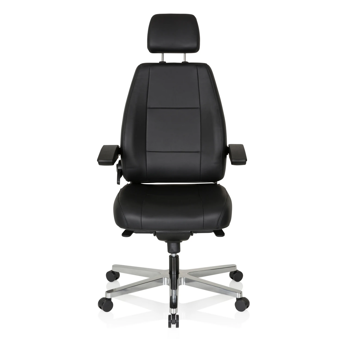 Siège pivotant XXL 24 HOURS noir en cuir avec appuie-tête et pied à cinq roulettes de hjh OFFICE – vue à 360° (vue de face 0°)