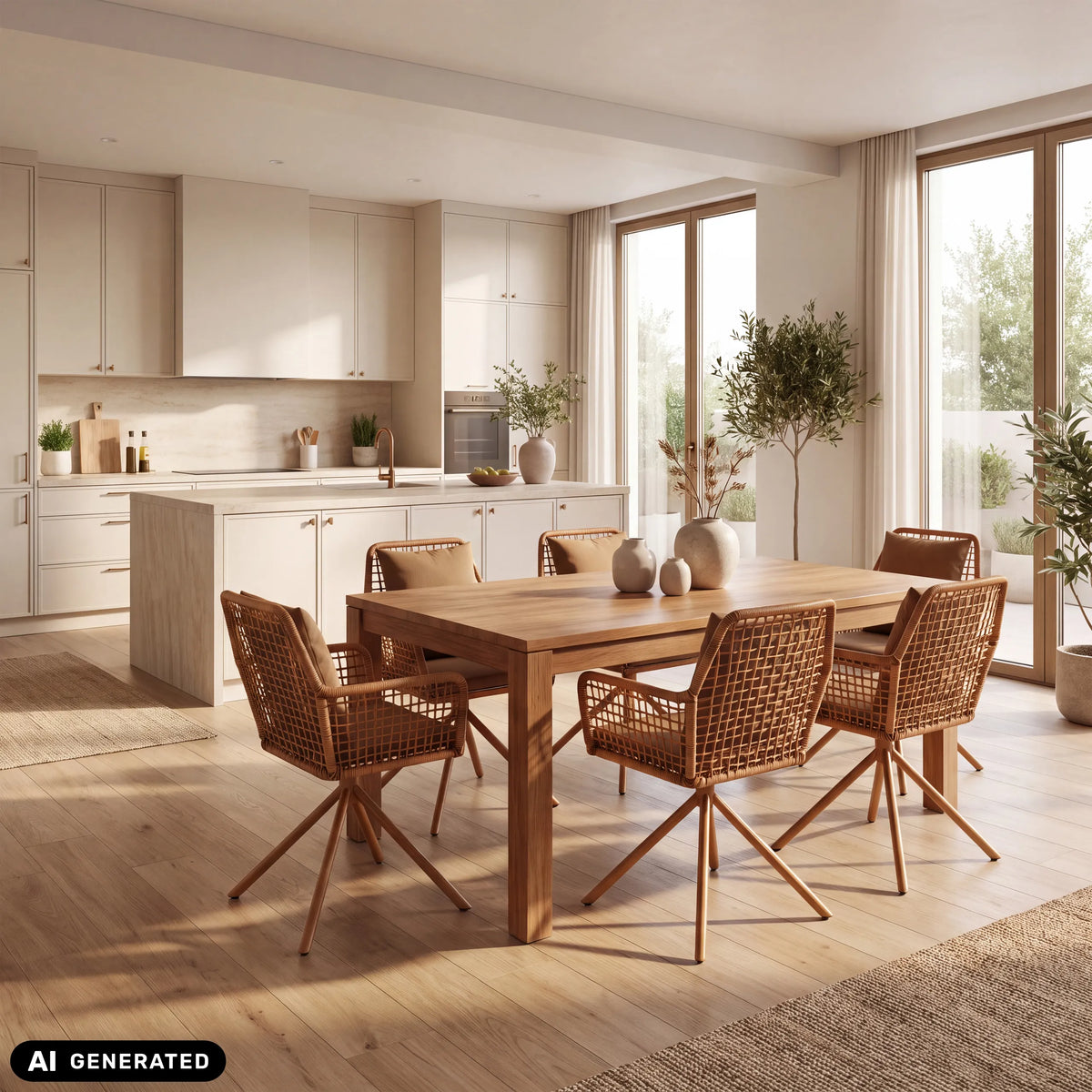 Chaises rembourrées marron Tavaro Korvik à une table en bois dans un coin repas lumineux de hjh LIVING (image générée par IA)