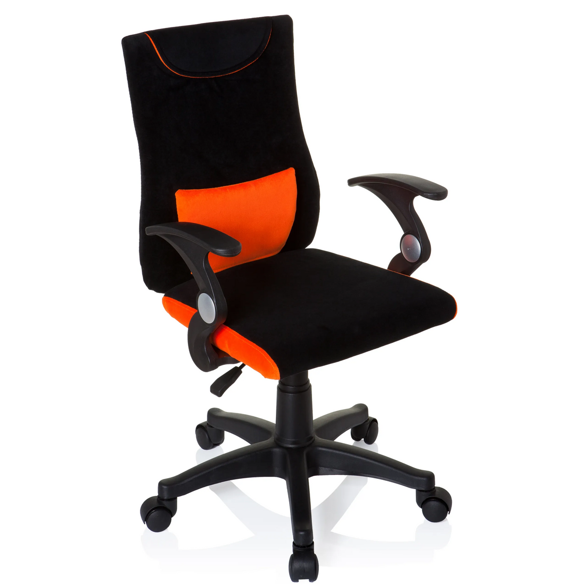 Chaise pivotante pour des enfants KIDDY PRO AL noir et orange avec coussin lombaire et base à cinq roulettes de hjh OFFICE – vue à 360° (vue de trois quarts avant 40°)