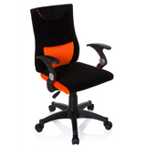 Chaise pivotante pour des enfants KIDDY PRO AL noir et orange avec coussin lombaire et base à cinq roulettes de hjh OFFICE – vue à 360° (vue de trois quarts avant 40°)