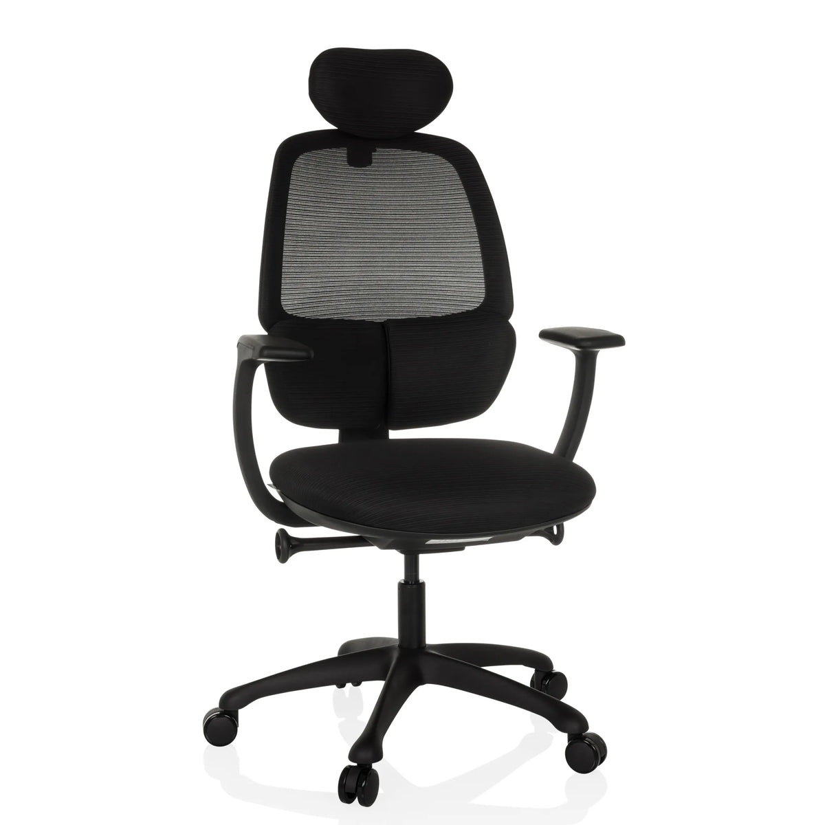Siège de bureau de qualité professionnelle RI-COVER noir, dossier maille, appui-tête et base 5 roulettes de hjh OFFICE – vue à 360° (vue de face 15°)