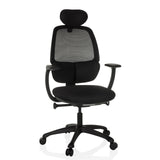 Siège de bureau de qualité professionnelle RI-COVER noir, dossier maille, appui-tête et base 5 roulettes de hjh OFFICE – vue à 360° (vue de face 15°)