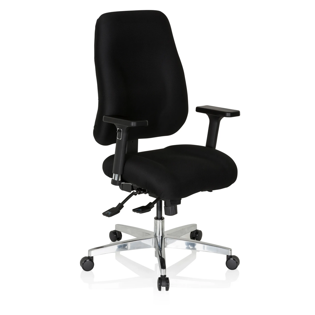 Siège de bureau de qualité professionnelle ZENIT COMFORT noir avec accoudoirs et piètement à cinq roulettes de hjh OFFICE – vue à 360° (vue de trois quarts avant 40°)