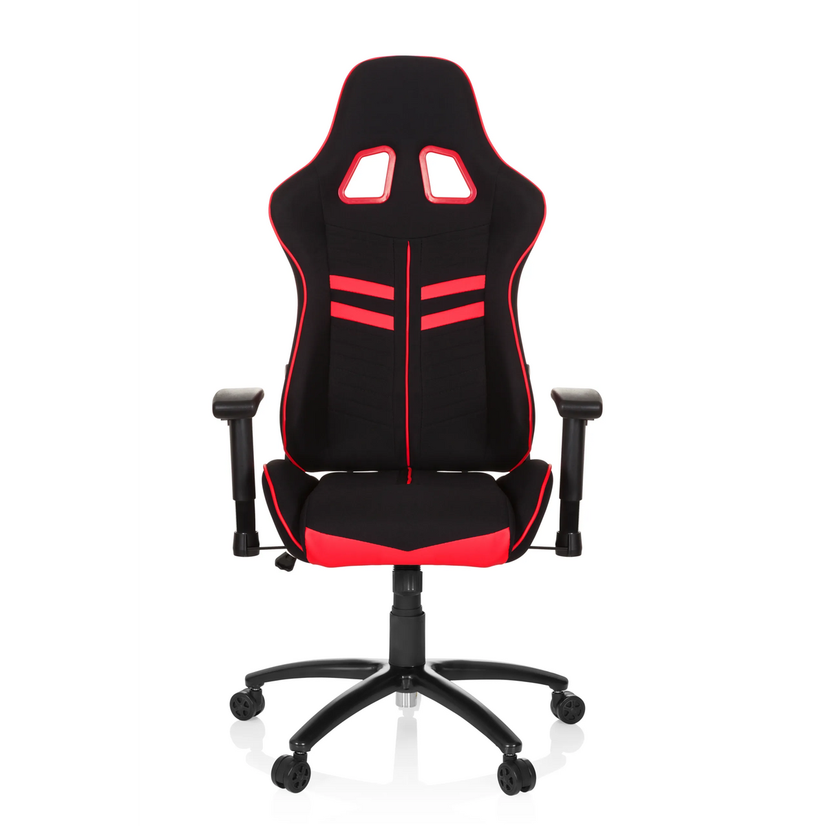 Fauteuil Gamer LEAGUE PRO I noir et rouge avec deux ouvertures d'appui-tête et base à cinq roulettes de hjh OFFICE – vue à 360° (vue de face 0°)