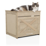 Maison pour chat KITTY PAWBOX 1 aspect chêne avec un chat allongé sur le dessus de hjh LIVING