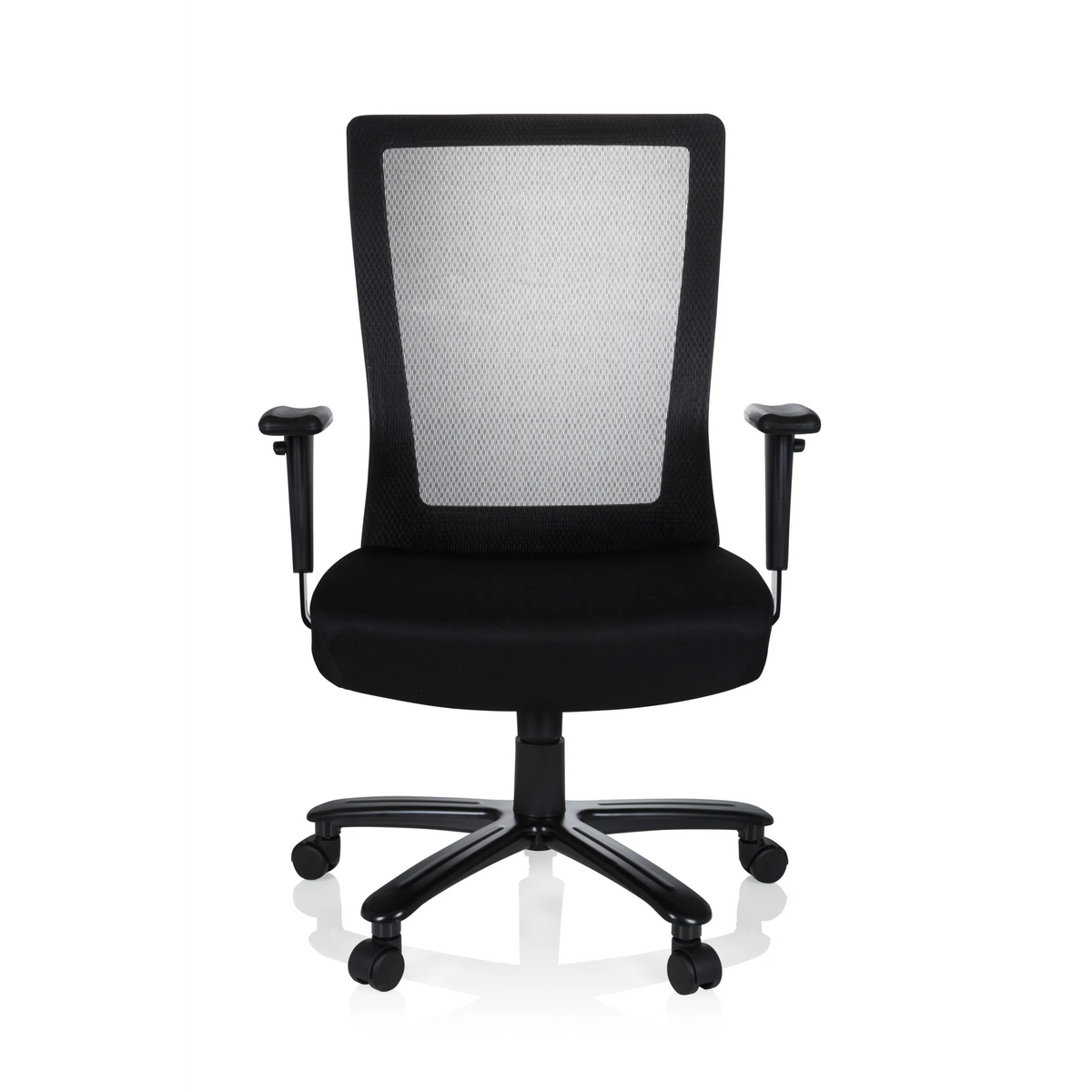 Siège pivotant XXL EXTENDER noir avec dossier en maille et base à cinq roulettes de hjh OFFICE – vue à 360° (vue de face 0°)
