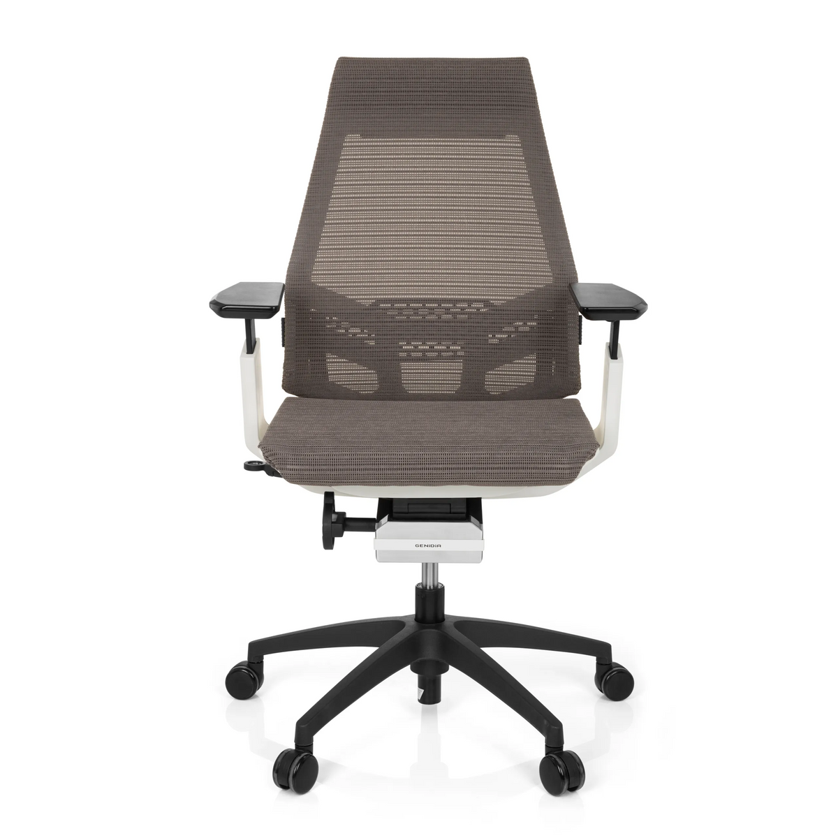 Siège de bureau de qualité professionnelle GENIDIA SMART WHITE gris et blanc avec dossier en maille et base à cinq roulettes de hjh OFFICE – vue à 360° (vue de face 0°)