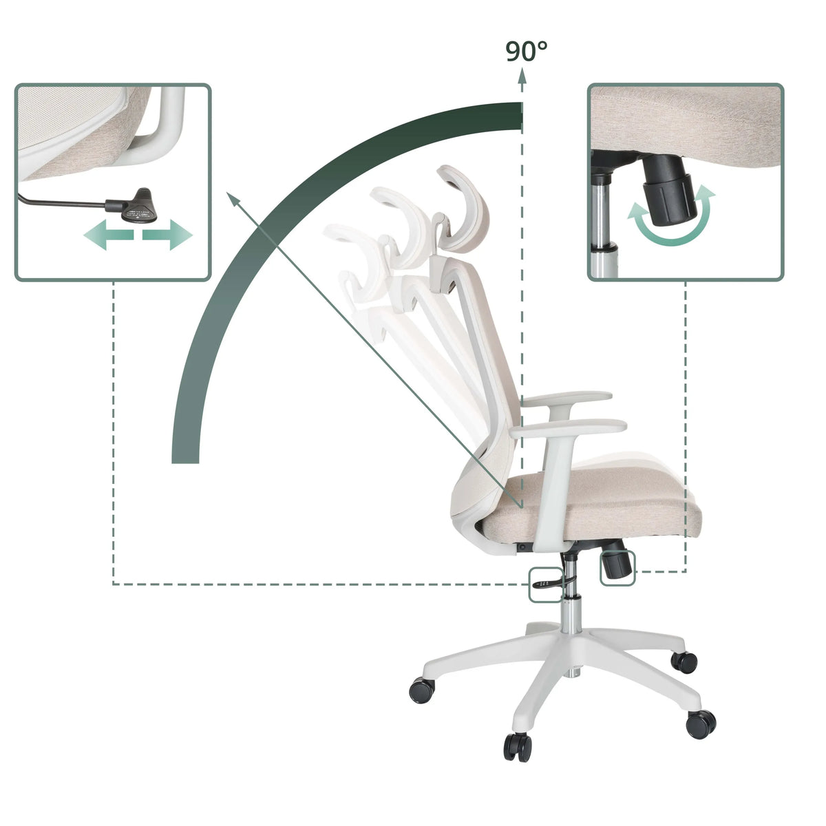 Dossier réglable avec un angle d'inclinaison de 90 degrés du Siège de bureau à domicile MIKEO W de hjh OFFICE