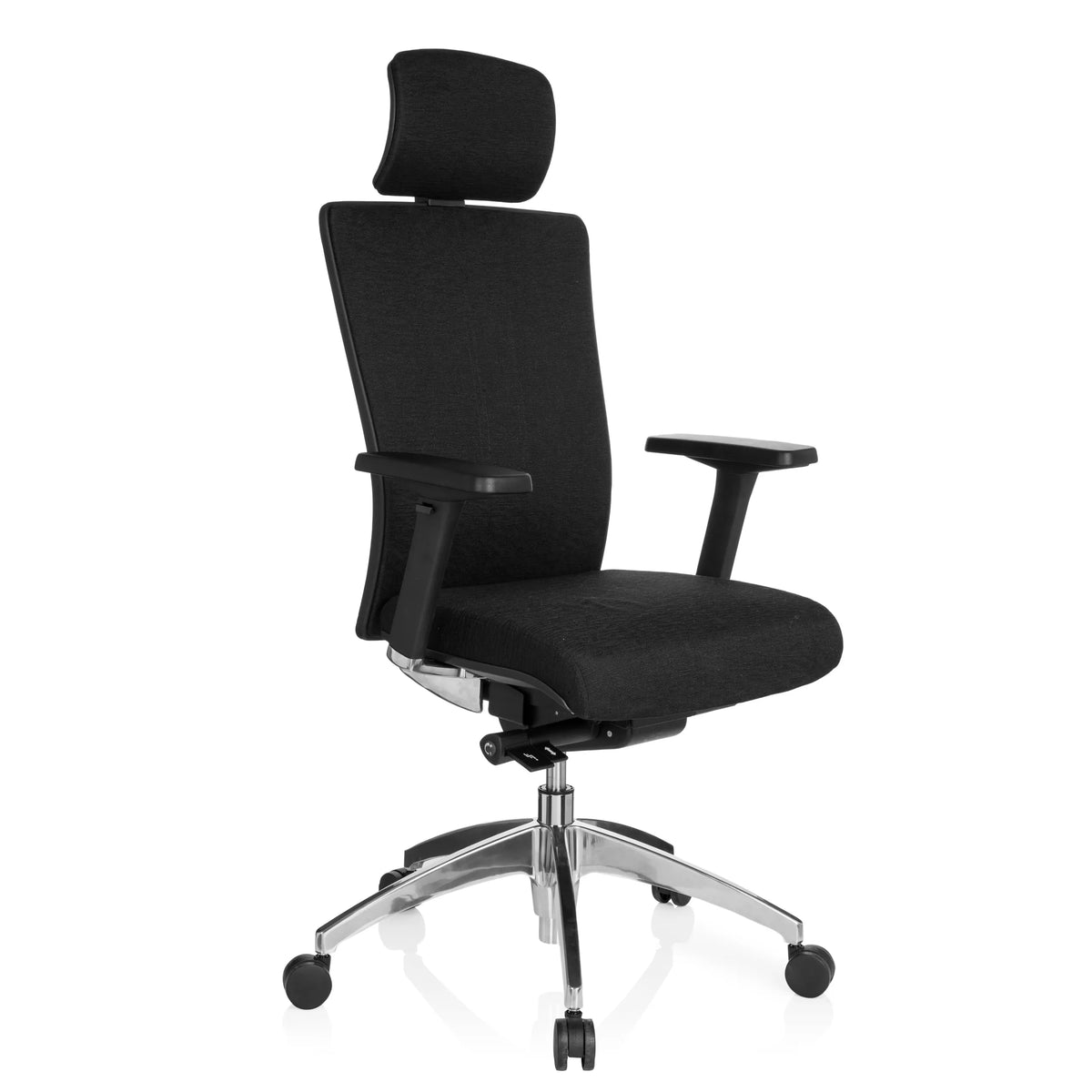 Siège de bureau de qualité professionnelle ASTRA LUX noir avec appuie-tête, accoudoirs et base à cinq roulettes de hjh OFFICE – vue à 360° (vue de trois quarts avant 40°)