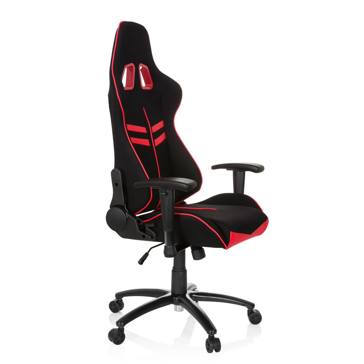 Fauteuil Gamer LEAGUE PRO I noir et rouge avec deux ouvertures d'appui-tête et base à cinq roulettes de hjh OFFICE – vue à 360° (vue de trois quarts avant 60°)