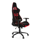 Fauteuil Gamer LEAGUE PRO I noir et rouge avec deux ouvertures d'appui-tête et base à cinq roulettes de hjh OFFICE – vue à 360° (vue de trois quarts avant 60°)