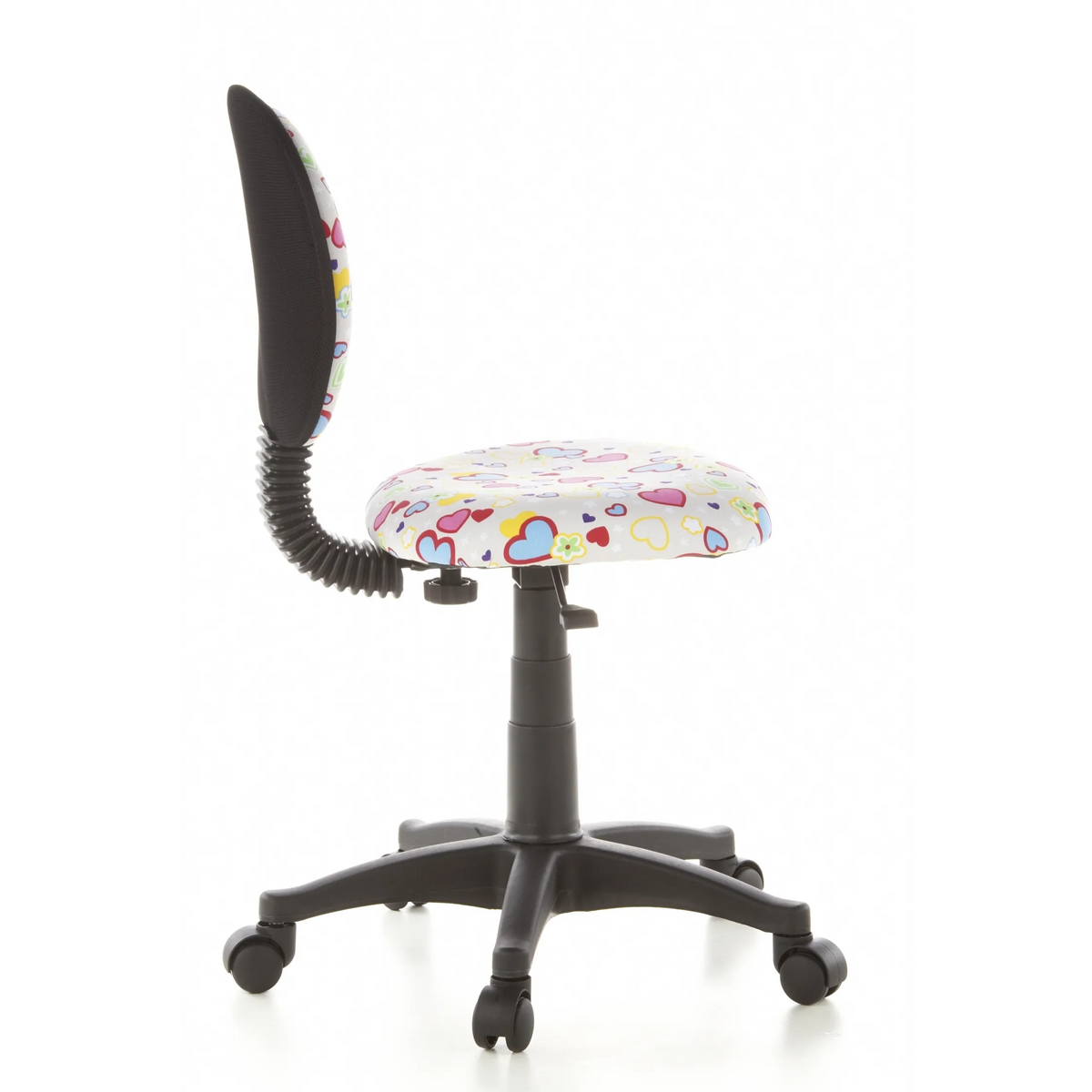 Chaise pivotante pour des enfants KIDDY TOP avec motif coloré de cœurs et de fleurs et base à cinq roulettes de hjh OFFICE – vue à 360° (vue de profil 100°)