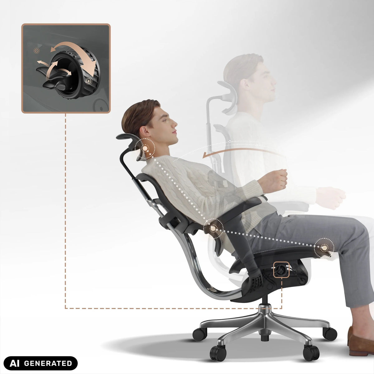 Mécanisme de réglage et fonction d'inclinaison du siège de direction de luxe ERGOHUMAN SIGNATURE GEN2 de hjh OFFICE (image générée par IA)