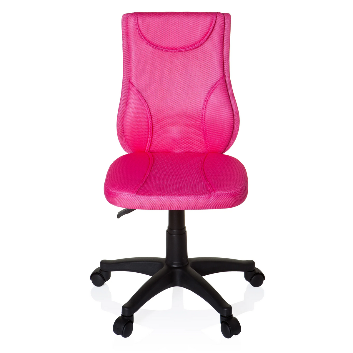 Chaise pivotante pour des enfants KIDDY BASE rose avec dossier en maille et base noire à cinq roulettes de hjh OFFICE – vue à 360° (vue de face 0°)