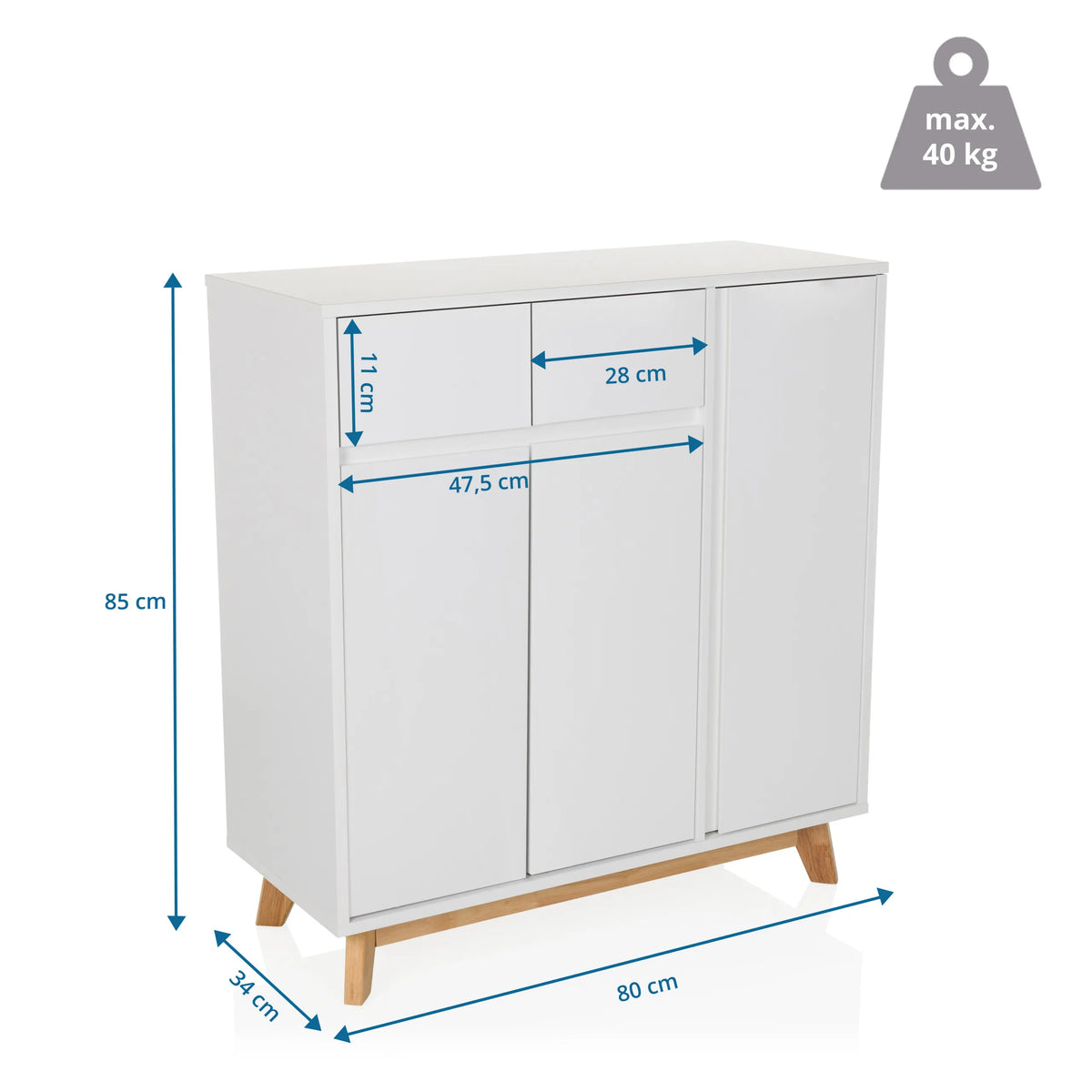 Dessin coté de la Commode ESTHA avec 80 × 85 cm et une charge maximale de 40 kg de hjh LIVING